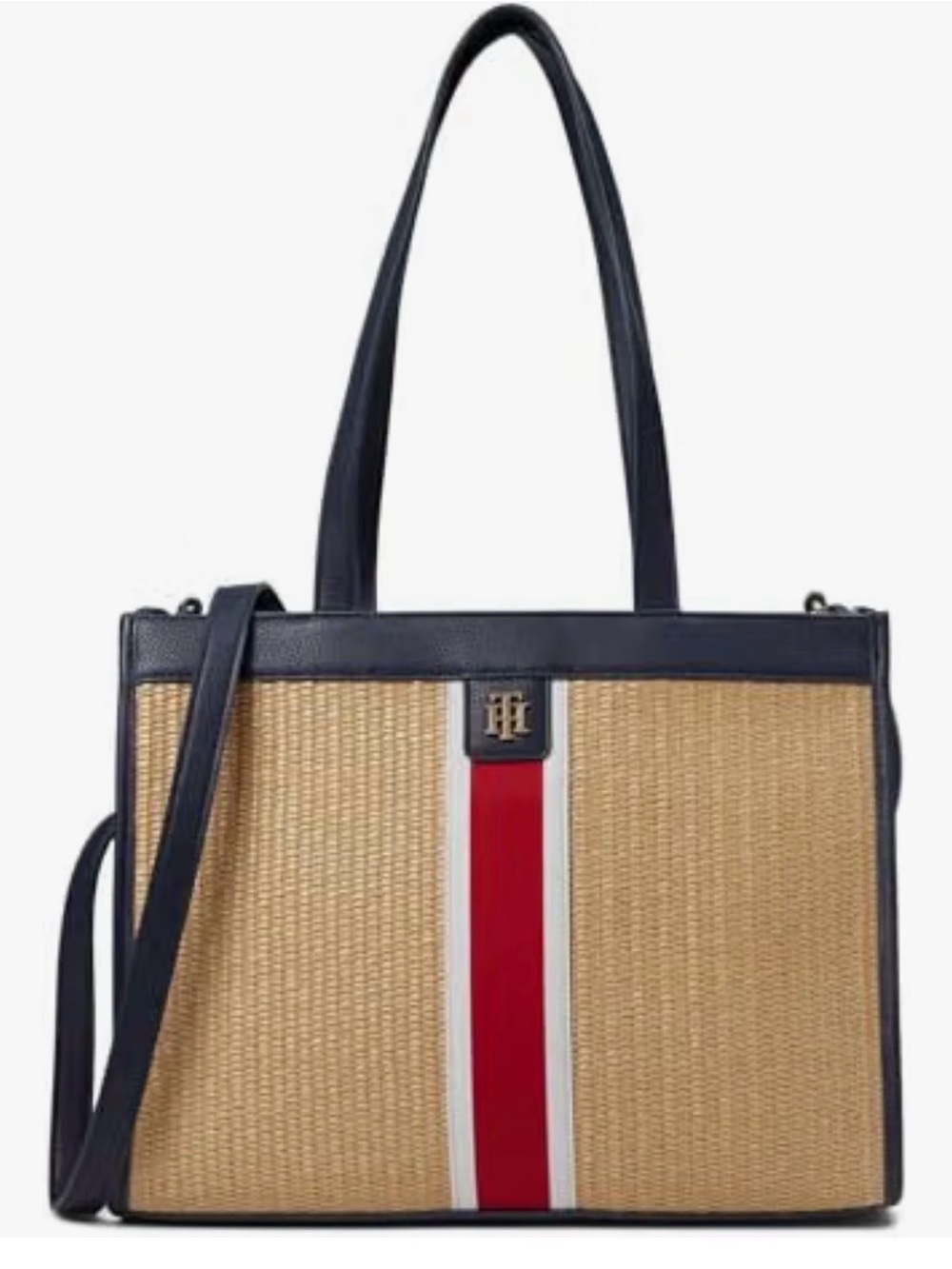 Navy & Natural Woven Tote with Red Stripe